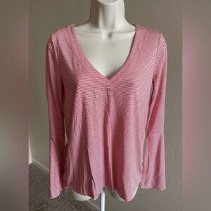 Lucky Brand Women’s Red & White Striped Long Bell Sleeve V-Neck Blouse s XS
